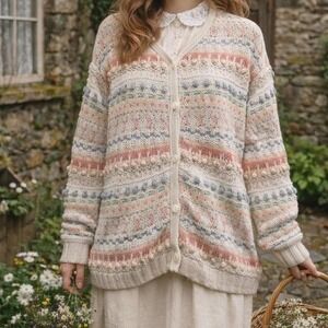 VTG Hand Knit Pastel Cardigan Sweater Chunky Knit Cottage core Grandma core M/L